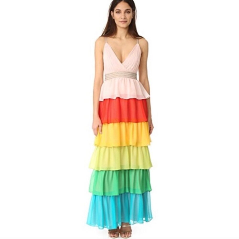 Alice + Olivia 2025 "Luba" Tiered Chiffon Rainbow Gown sz 4